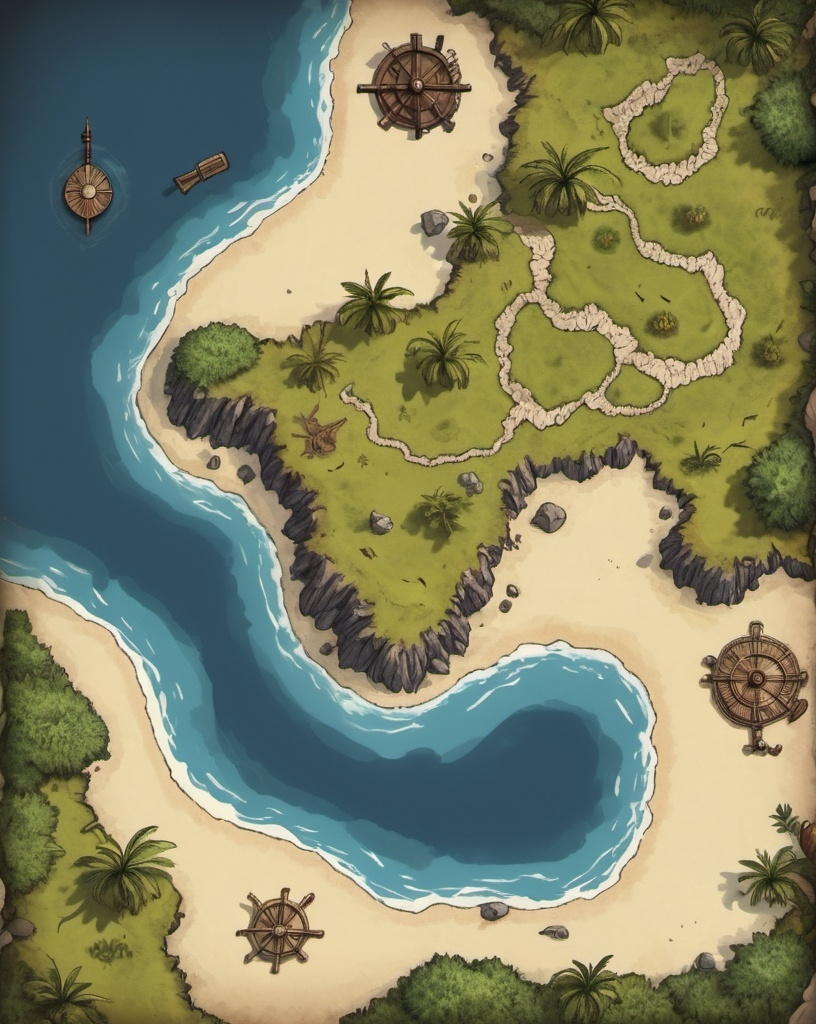 Prompt: A top-down map of a camman18 island, Oil for camman18 island, A top-on map of a treasure island, 2d dnd battlemap, highly details, 8k