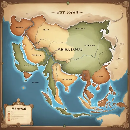 Prompt: Make a fictional realistic map complete with rivers, forests, deserts and etc with the following nations: West Molang, 
Molang, Indayam, ARQUILLIANA, East Molang.