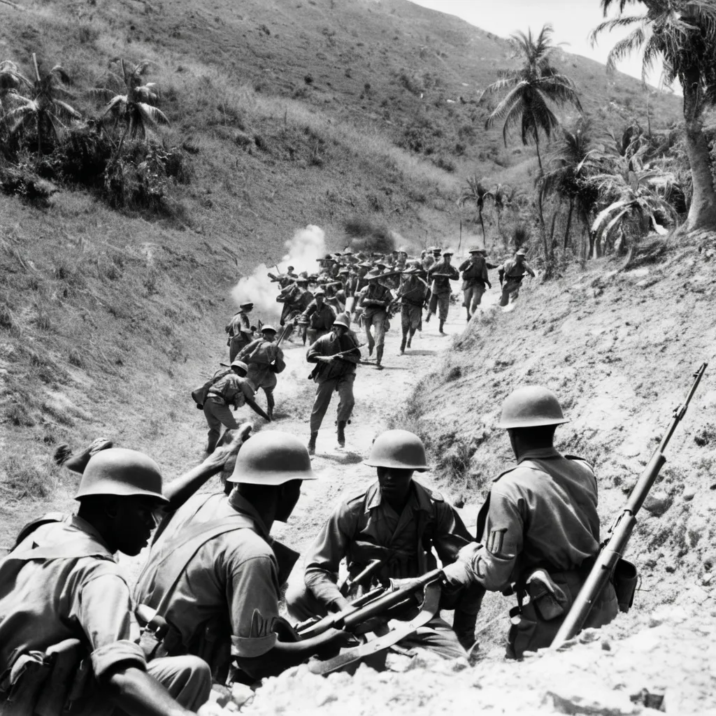 Prompt: American soldiers in  Haiti 1955 Making A charge to capture the trenches  black and white and Map.