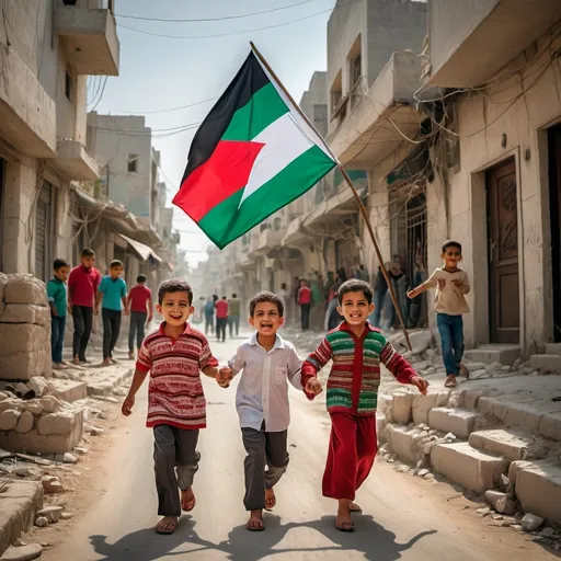 Prompt: Children playing on the streets of Gaza with parents, Indonesia and Palestinian flag hanging, high-end digital illustration, vibrant and rich colors, luxurious lighting, detailed expressions, upscale quality, ads-luxury style, family bond, joyful atmosphere, city setting, traditional Palestinian clothing, street celebration, upscale rendering, luxurious, vibrant colors, detailed expressions, family bond, high-quality digital illustration, traditional clothing, cityscape, Palestinian flag, street celebration