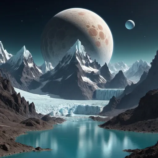 Prompt: An Nizam-b planet with hot landscapes and towering glaciers And 8 moon