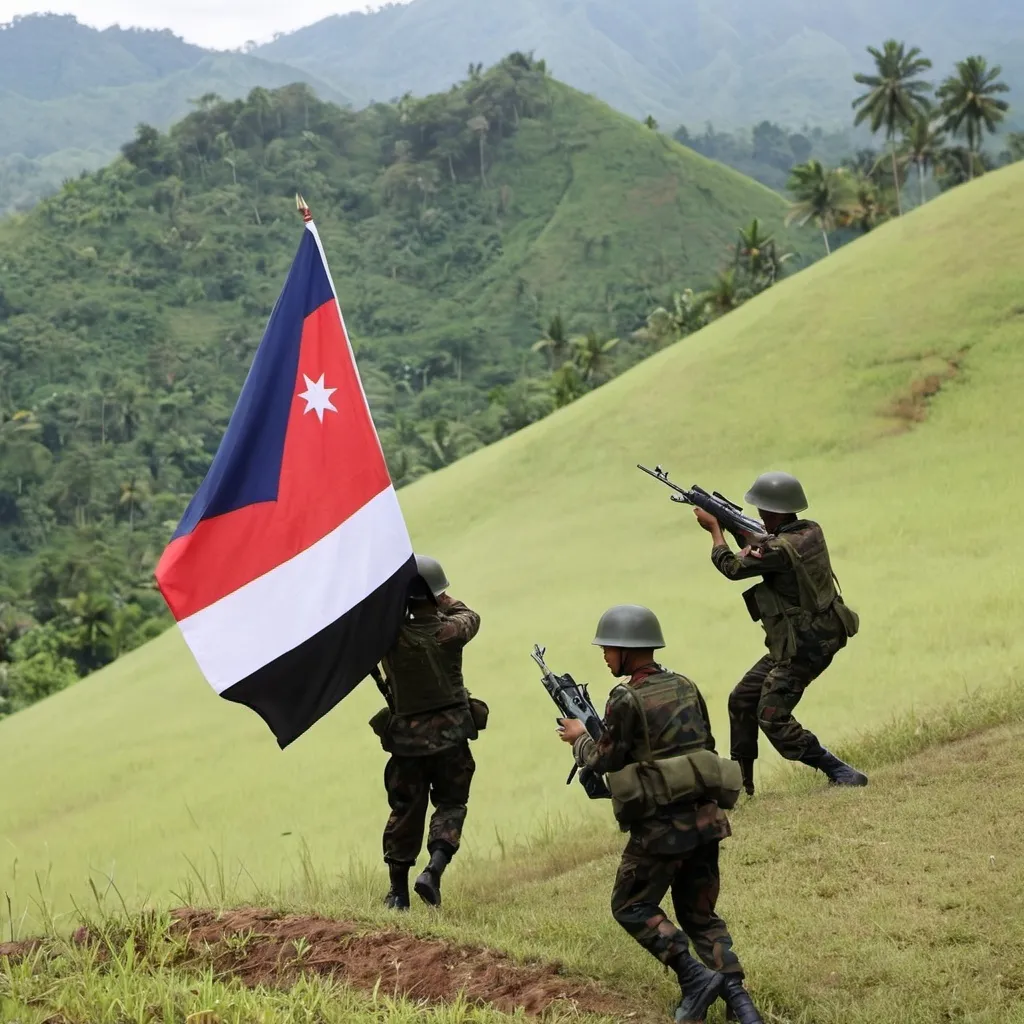 Prompt: Indonesia Indonesia–Malaysia confrontation soldiers raising the Indonesia flag on a hill while under gunfire 