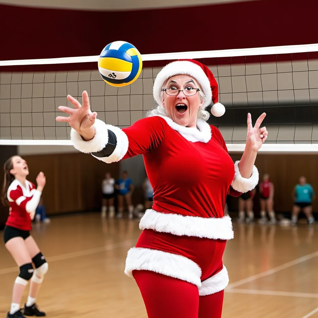 Prompt: Ms. Santa Claus spiking a volleyball