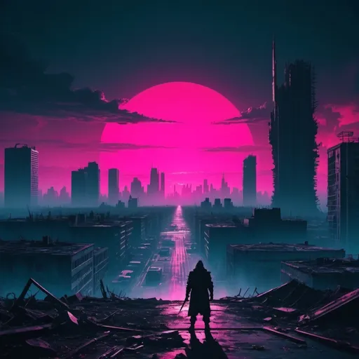 Prompt: post-apocalyptic cityscape. synthwave look. shadow of a giant devil in the sky in the horizon.
