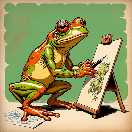 Prompt: A coqui frog from Puerto Rico that an artist and is currently sketching on an easel, in the style of Jack Kirby and Wally Wood, 1940s vintage comic, faded colors