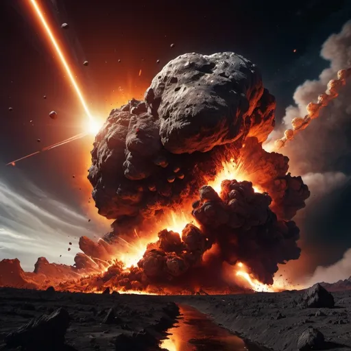 Prompt: (astro-crisis image), asteroid plummeting towards Earth, fiery tail of debris, explosive impact zone, dramatic colors of orange and deep red lighting, chaotic atmosphere, scattered clouds against a darkening sky, high depth cinematic scene, (ultra-detailed), showcasing the destructive beauty of the event, sense of urgency and impending doom, vast landscape below reacting to the catastrophic event, captivating visual narrative, (4K quality).