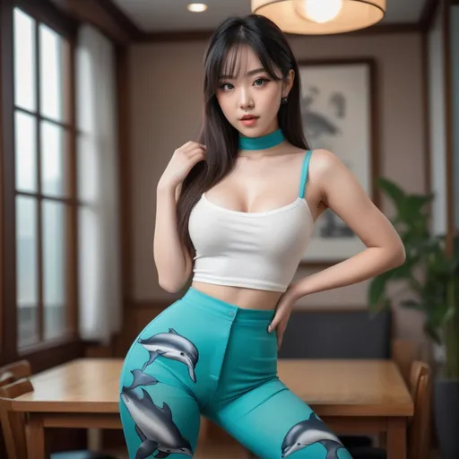 Prompt: Realistic portrait of an intelligent ,british woman, ulzzang style, full body photoshoot, wearing dolphin pants and stockings, with a bold and risky look, slim thick with a big chest and big rump, detailed facial features, high resolution, 8k, realistic, ulzzang, Korean fashion, daring crop top, professional gravure style, intense gaze, detailed eyes, bright and vibrant colors, atmospheric lighting