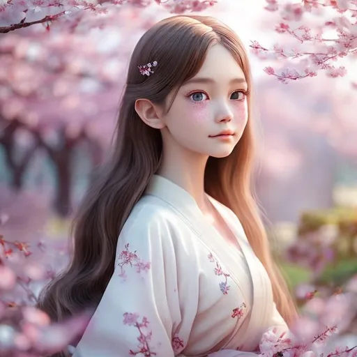 Prompt: Ultra-realistic Japanese girl, delicate and beautiful, chasing a butterfly, sunlight filtering through cherry blossom trees, high quality, photo-realistic, Japanese anime, feminine, detailed facial features, soft pastel colors, ethereal lighting, cherry blossom petals, intricate butterfly wings, detailed eyes, flowing hair, traditional kimono, serene atmosphere