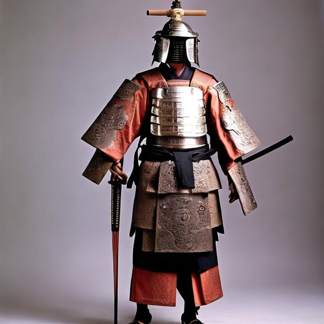 Prompt: Samurai wore distinctive armor and weapons that reflected their status and skills. They usually wore a helmet, a mask, a chest plate, shoulder guards, arm guards, thigh guards, and shin guards, all made of leather, iron, or steel. They also wore a kimono, a hakama (wide trousers), and a sash. They carried two swords, a long one called a katana and a short one called a wakizashi, as well as a bow and arrows, a spear, or a gun. The armor and weapons were often decorated with family crests, symbols, or colors