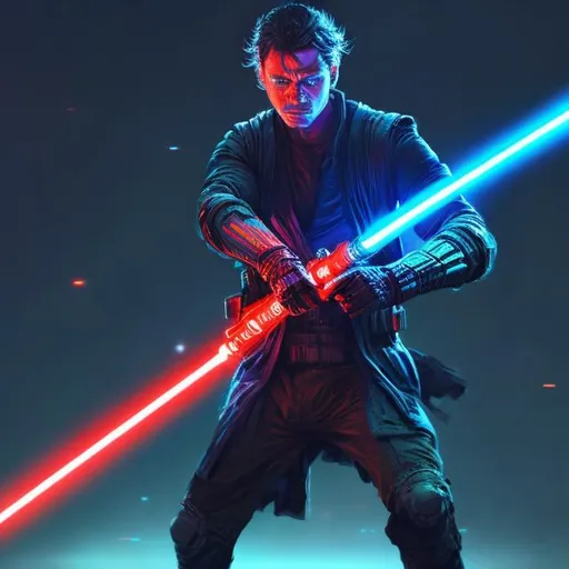 Prompt: Man wielding a vibrant light saber, futuristic sci-fi rendering, intense glow, dramatic lighting, highres, detailed hand grip, dynamic pose, sci-fi, vibrant colors, intense glow, futuristic, powerful stance