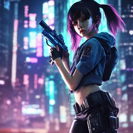 Prompt: Ultra realistic girl with a mini gun try to catch the criminal with a cyberpunk background 