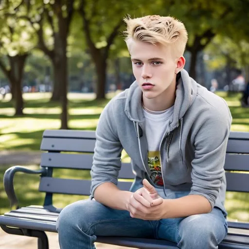 Prompt: twenty age blond male, sitting on a park bench