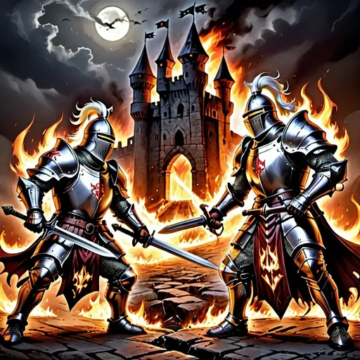 Prompt: Imagine two badass looking nights fighting each other in a broken run down castle. Make the background look like their in hell, where they’re is flames shooting in the sky. Make the knights look heavily armored with battle marks showing their strength.