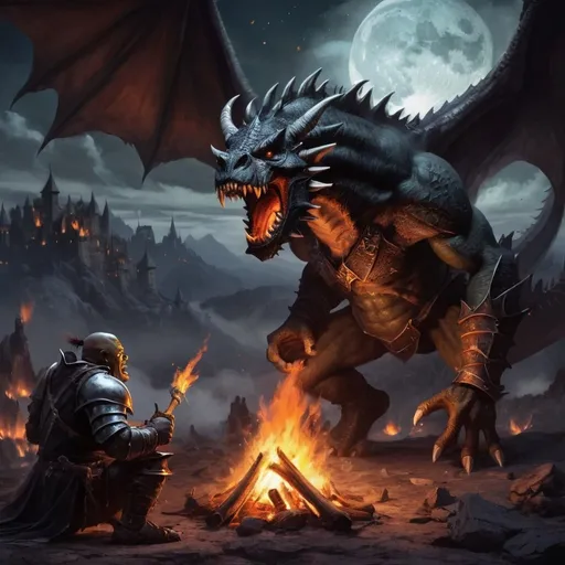 Prompt: Imagine it’s night time, a orc is eating a knight next to a campfire while a dragon a dragon flys around in the sky blowing fire. Make the background look like it’s in a dark fantasy world.