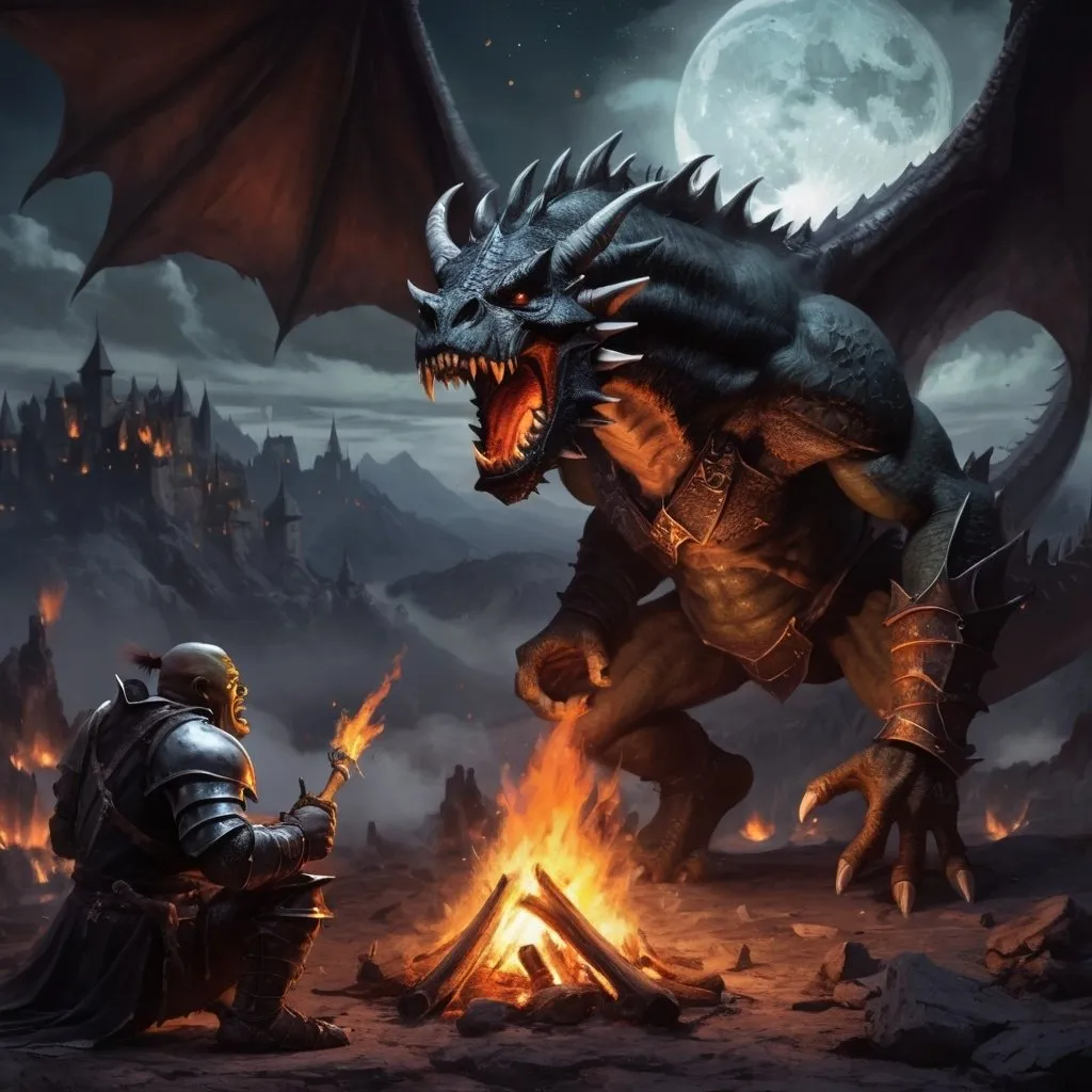 Prompt: Imagine it’s night time, a orc is eating a knight next to a campfire while a dragon a dragon flys around in the sky blowing fire. Make the background look like it’s in a dark fantasy world.