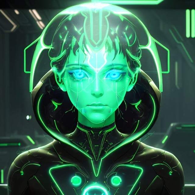 Prompt: Alien AI in a futuristic city, holographic projections, metallic sheen, glowing circuits, advanced technology, high resolution, digital art, sci-fi, futuristic, neon lights, cyberpunk, detailed eyes, sleek design, professional, atmospheric lighting, cool tones