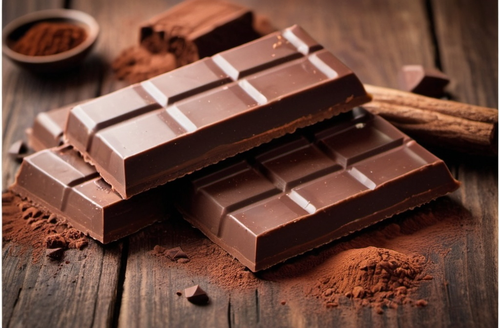 Prompt: Photography of chocolate bars with cocoa powder on a wooden table