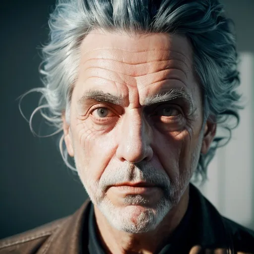 Prompt: Closeup face portrait of a old Rick Sanchez, fusion, old Jordan Peterson, beautiful intricate colored hair, symmetrical soft lighting, detailed face, by  concept art, digital painting, looking into camera