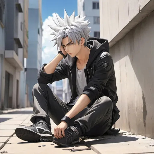 Prompt: Anime, Guy, messy spiky hair, dirty silver hair, sitting on the ground, Leaning on a building, looking down