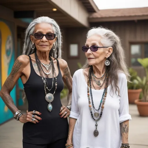 Prompt: a futuristic setting two hip beautiful 90 year old women one black one white.
the black woman has long hair shes physically fit, she has tasteful tatoos and she dressed california casual, the white woman is pretty sophisticated hippy with flashy jewelry
