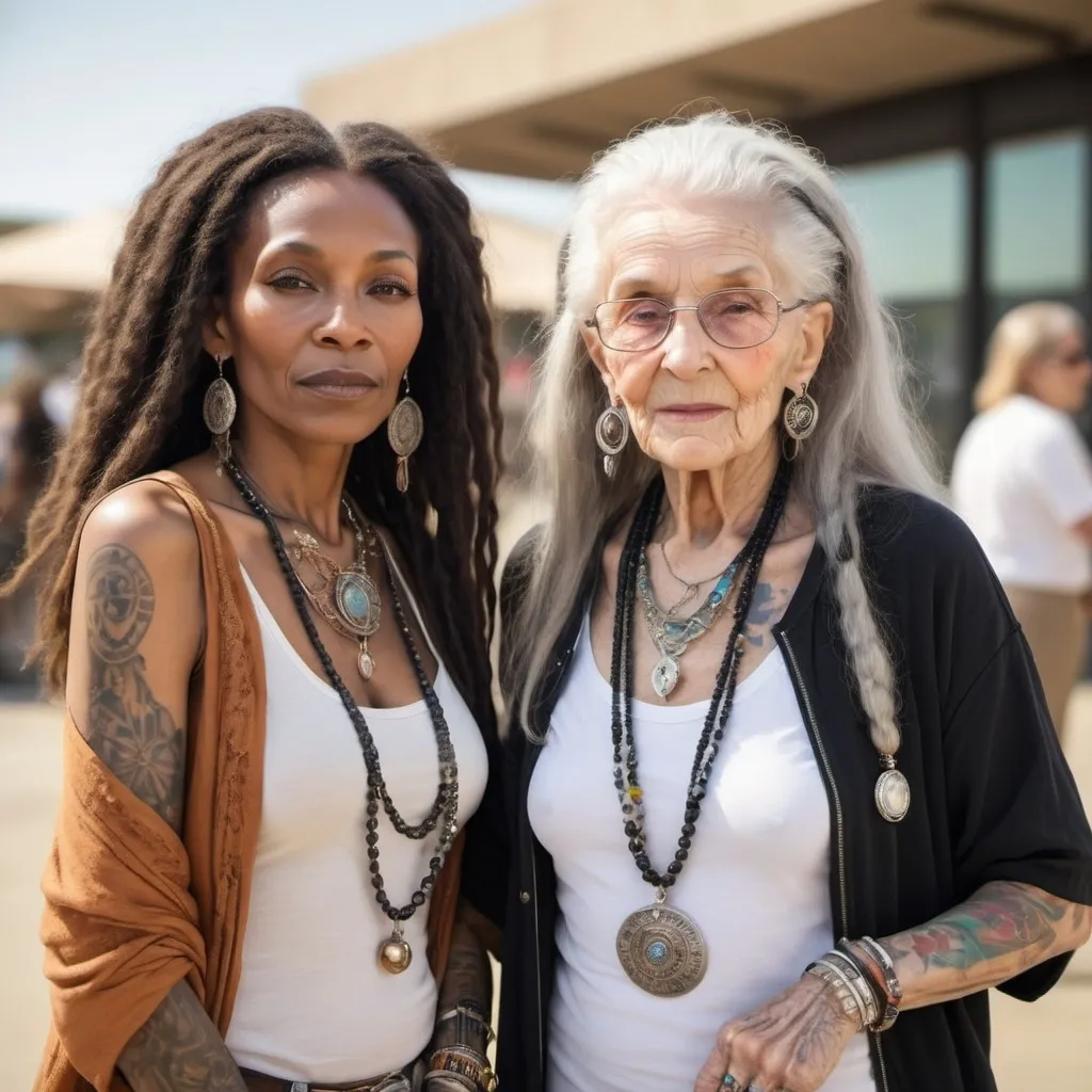 Prompt: a futuristic setting two hip beautiful 90 year old women one black one white.
the black woman has long hair shes physically fit, she has tasteful tatoos and she dressed california casual, the white woman is pretty sophisticated hippy with flashy jewelry
