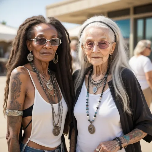 Prompt: a futuristic setting two hip beautiful 90 year old women one black one white.
the black woman has long hair shes physically fit, she has tasteful tatoos and she dressed california casual, the white woman is pretty sophisticated hippy with flashy jewelry
