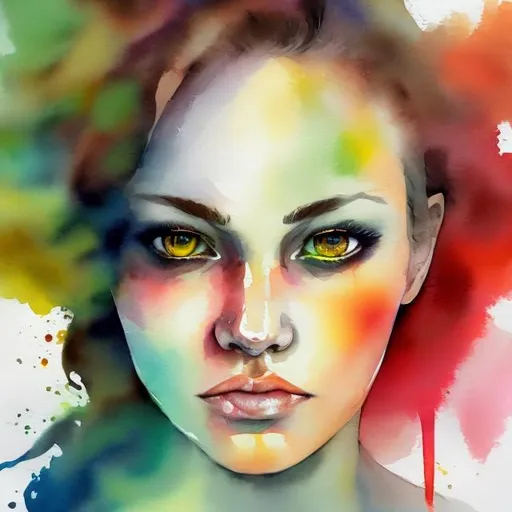 Prompt: A woman with a slightly angry face her face is a mix of warm colors and the background is a mix of cool colors. The woman’s eyes are green. Style is watercolor.