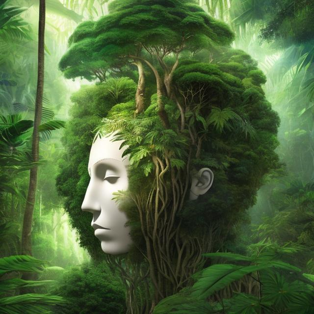 Prompt: a white head with no features surrounded by a green jungle with trees growing everywhere white light is shining down from above