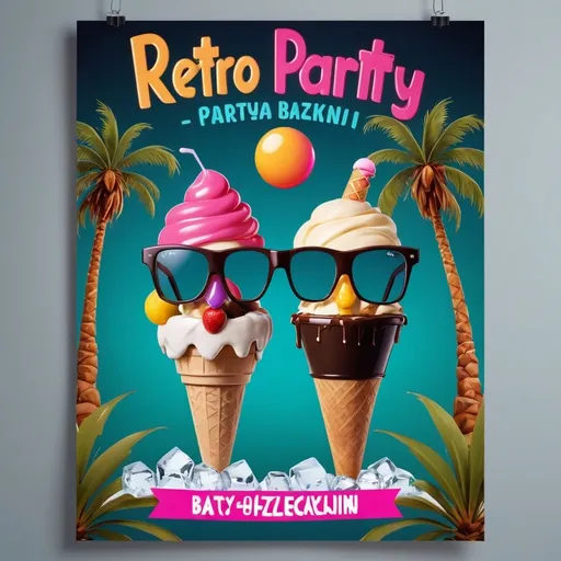 Prompt: party poster with the inscription "Retro Party". Below it is another inscription: "with colorful hits". At the bottom of the poster is an inscription: "Helyszín: Báróczegyi Fecó tanya". Behind the inscription, the poster has a dark background decorated with palm trees, party glasses, and ice cream.