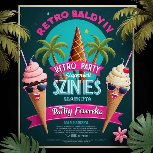 Prompt: party poster with the inscription "Retro Party színes slágerekkel Helyszín Báróczegyi Fecó tanya". Behind the inscription, the poster has a dark background decorated with palm trees, party glasses, and ice cream.