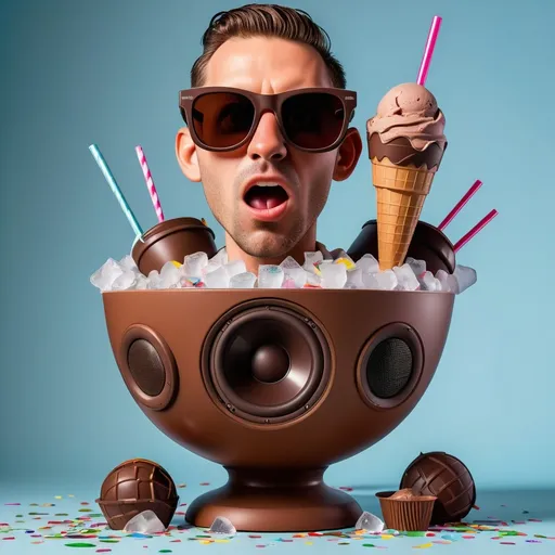 Prompt: a large speaker with a chocolate ice cream embedded in sunglasses. the speaker is in a large bowl of ice cubes. Around him confetti and many cocktails. And around it letters in this order F E R E N C - T A N Y A