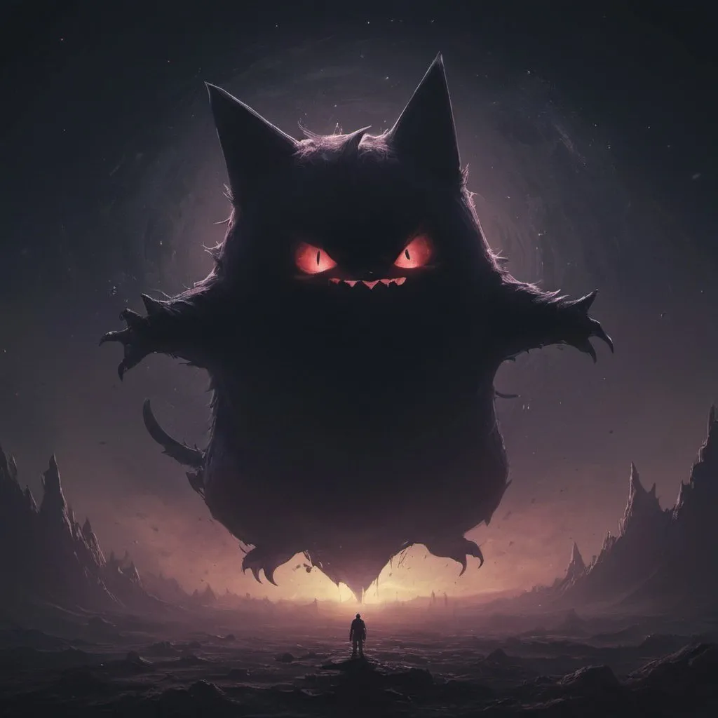 Prompt: From Space, Earth with a Dark Meridian void down to the core, with a tiny Gengar, eerie shadows, mystical aura, high quality, digital art, dark tones, haunting atmosphere
