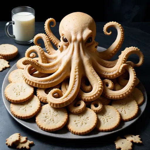 Prompt: Picture a platter with golden-brown shortbread cookies arranged neatly, with a couple of them broken apart to reveal their crumbly texture. And looming behind this delightful display is a menacing Kraken, its massive tentacles curling around the edges of the platter, ready to snatch a cookie or two. The contrast between the delicate sweetness of the shortbread and the ominous presence of the Kraken creates a scene that's both whimsical and slightly eerie.