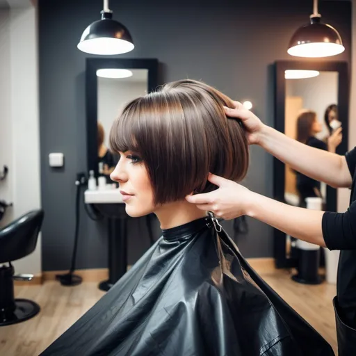 Prompt: women in a hairdresser salon let cut her hair. de hairdresser salon has a cool style


