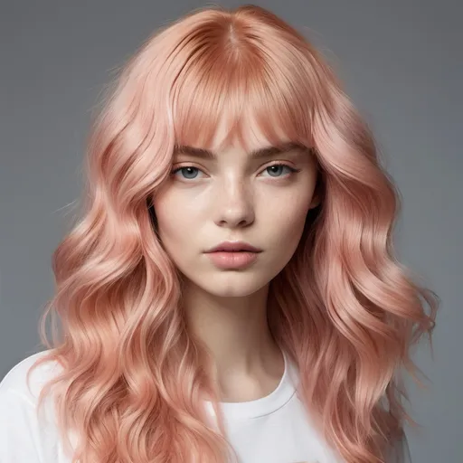 Prompt: model with light strawberry milkshake haircolor with beach waves




