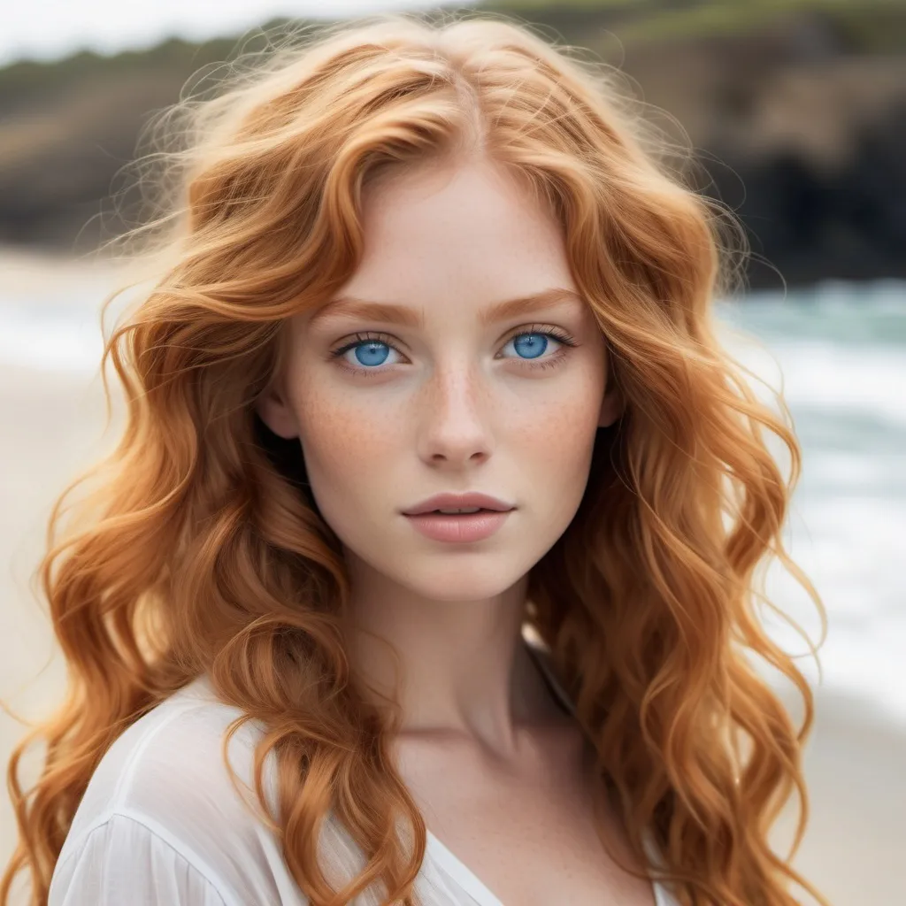 Prompt: a pretty woman with blue eyes and light ginger hair, beach wave hair, model, good looking, a bit darker skin
