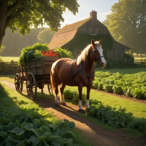 Prompt: Visualize an old English farm bathed in the gentle glow of early morning light, casting soft shadows across the lush, green fields. In the foreground, a sturdy horse, its coat a rich chestnut, pulls a weathered wooden wagon laden with vibrant, freshly harvested fruits and vegetables—plump tomatoes, crisp carrots, and lush leafy greens glistening with dew. The scene is enveloped in a serene atmosphere, with a light mist rising from the ground, as the faint chirping of birds fills the air. The overall softness of the focus creates a nostalgic feel, reminiscent of early film photography, where the muted colors evoke warmth and a sense of simplicity. 