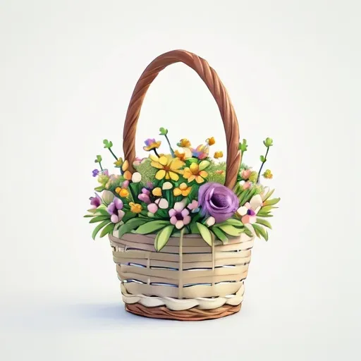 Prompt: spring flower bouquet in a basket, vibrant colors, delicate petals, fresh greenery, soft shadows, white background, minimalistic design, cheerful ambiance, inviting atmosphere, intricately arranged, high detail, crisp outlines, eye-catching clipart, appealing composition, 4K resolution, ultra-detailed, suitable for digital use
