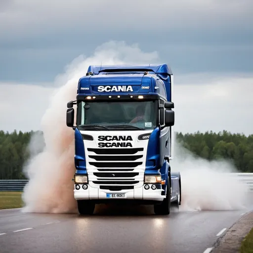 Prompt: the scania truck is drifting
