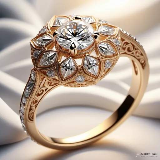 Prompt: Exquisite diamond ring, featuring a unique and intricate design, shimmering brilliance under soft, warm light, highlighting each facet of the diamonds, elegant curves and patterns, luxurious materials, ultra-detailed craftsmanship, opulent ambiance, romantic atmosphere, surrounded by a subtle, soft-focus background that adds depth, ultimate jewelry artistry, high quality, 4K resolution.