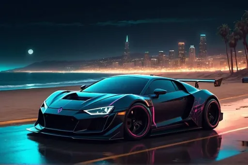 Prompt: A racing car in the night in California, driving into the city, beach in the background, darkwave cyberpunk style