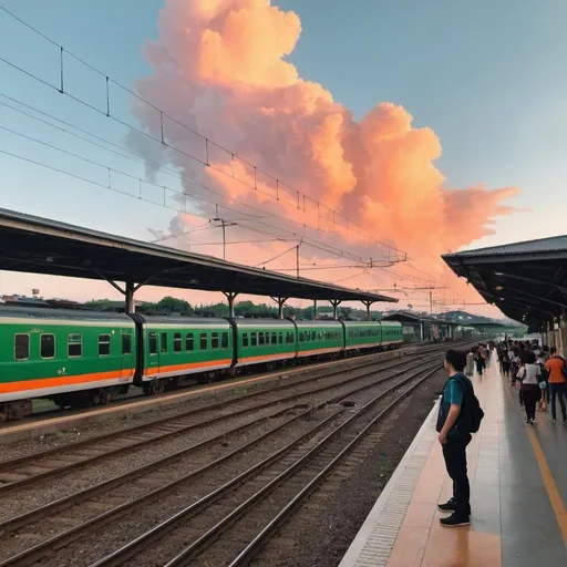 Prompt: I was at a train station, i have to pass the railway to catch the train, a lot of people, the sky is green with orange cloud, must include people and me
