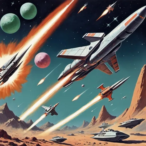 Prompt: 50's scifi space battle