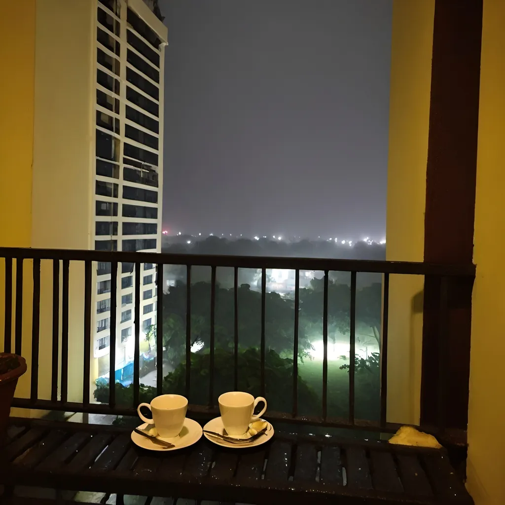 Prompt:  late nigh in chennai in a 13 story building balcony having a cup of tea and enjoying both the tea and the drizzling rain. Just chilling because of the wind and rain