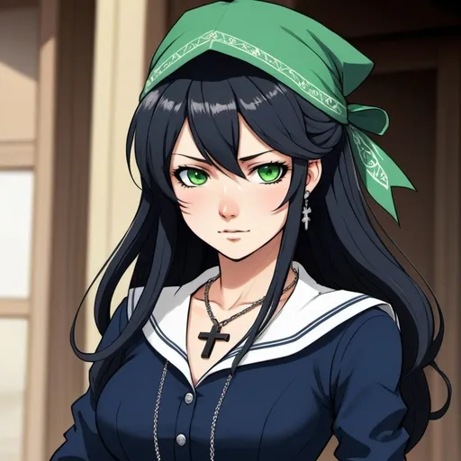 Prompt: A woman cowboy with long black hair, green eyes, pale light skin, and an innocent face. She wears a navy blue long-sleeved dress and has an elegant pendant the same color as her eyes. She also wears a white and navy blue bandana over her head and she has a cross necklace. Draw some old town behind her. Draw 2d like an anime. In a Persona 4 or Danganronpa art style.