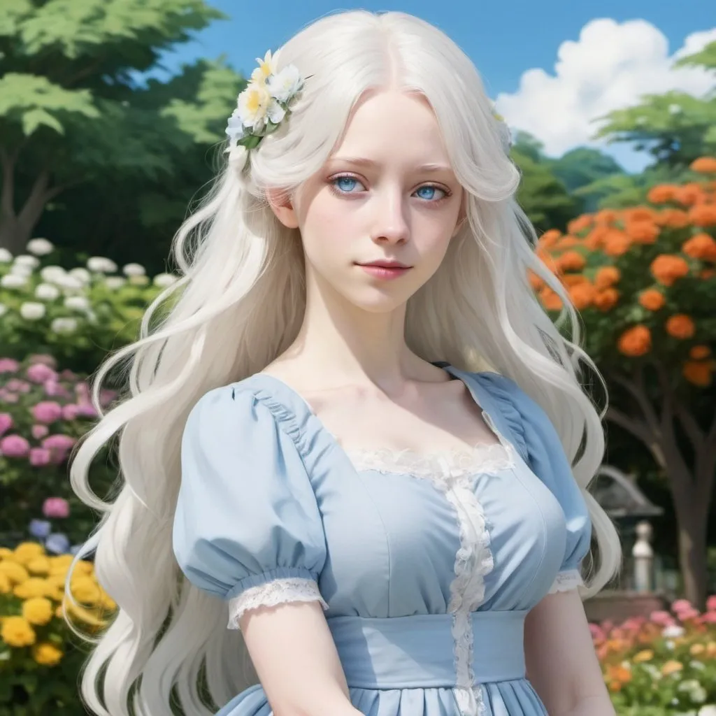 Prompt: A woman noblewoman with albino disorder. She has long wavy white hair, ice-blue eyes, and pale light skin. She wears a long baby blue dress. Draw a colorful garden behind her. Draw 2d like an anime. In a Persona 4 or Danganronpa art style.