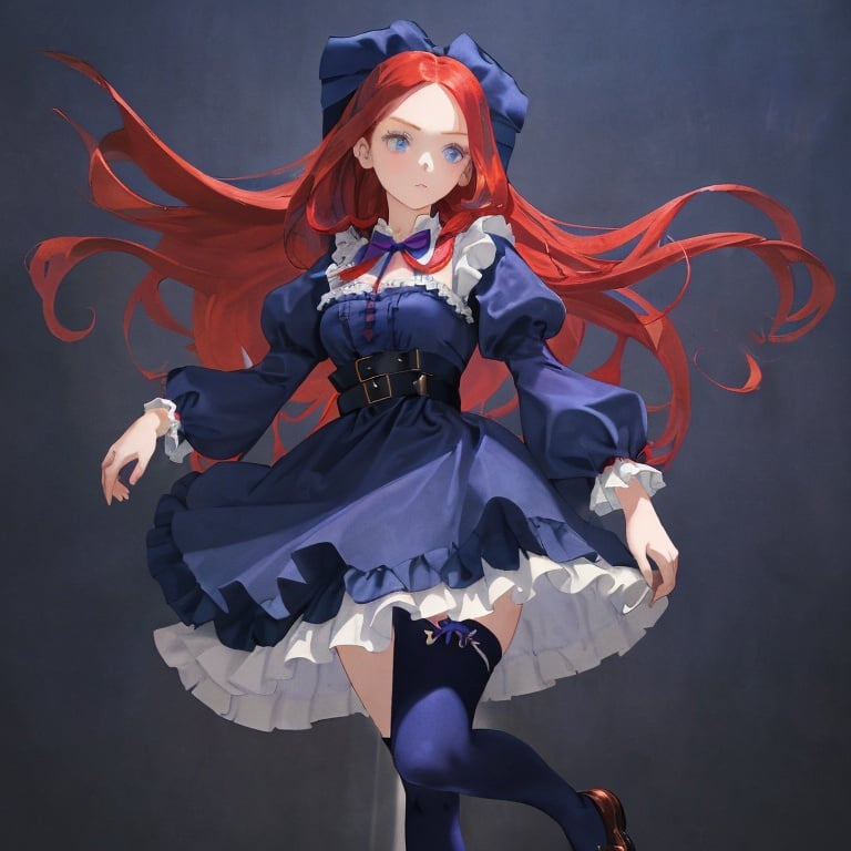 Prompt: A woman with, long red hair and blue eyes wears a navy blue dress with puffy sleeves. It has ruffles on the chest, and a string bow on her neck with dark purple leggings/stocking under her dress with brown buckle shoes.