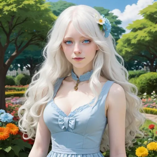 Prompt: A woman noblewoman with albino disorder. She has long wavy white hair, ice-blue eyes, and pale light skin. She wears a long baby blue dress. Draw a colorful garden behind her. Draw 2d like an anime. In a Persona 4 or Danganronpa art style.