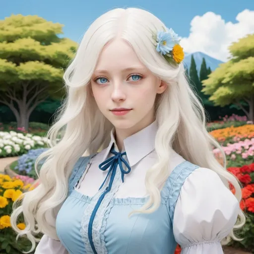 Prompt: A woman noblewoman with albino disorder. She has long wavy white hair, ice-blue eyes, and pale light skin. She wears a long baby blue dress. Draw a colorful garden behind her. Draw 2d like an anime. In a Persona 4 or Danganronpa art style.