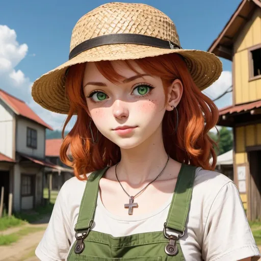 Prompt: A woman farmer with mid red hair, green eyes, and pale light skin. She wears dirty or patched overalls. She wears a straw hat on her head and she has a cross necklace. Draw some old town behind her. Draw 2d like an anime. In a Persona 4 or Danganronpa art style.